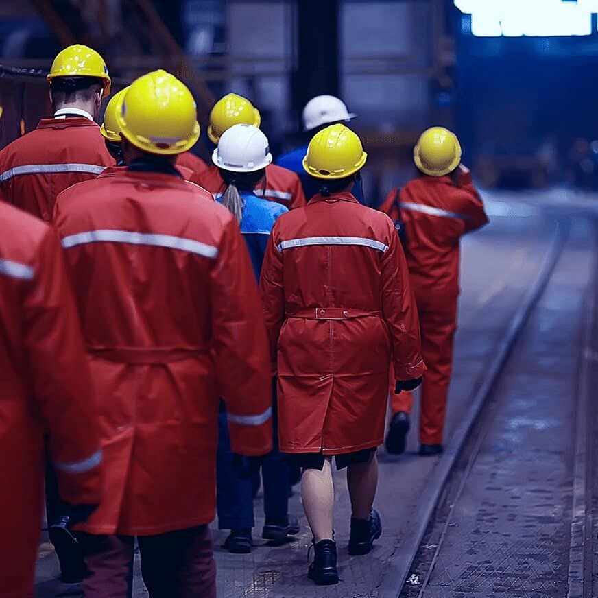 Factory Workers Walking Outside With Hardhats on