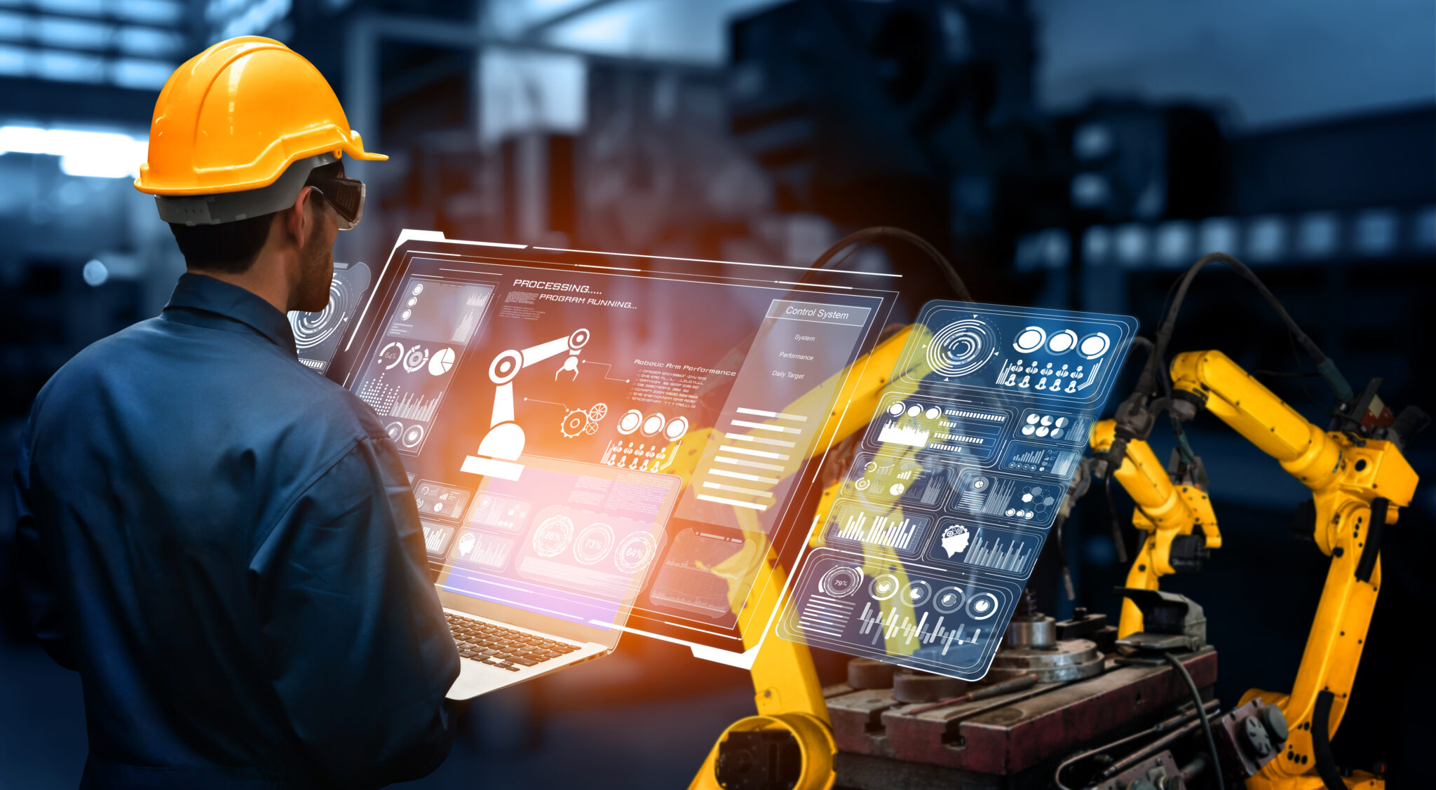Smart,industry,robot,arms,for,digital,factory,production,technology,showing, overtime hours