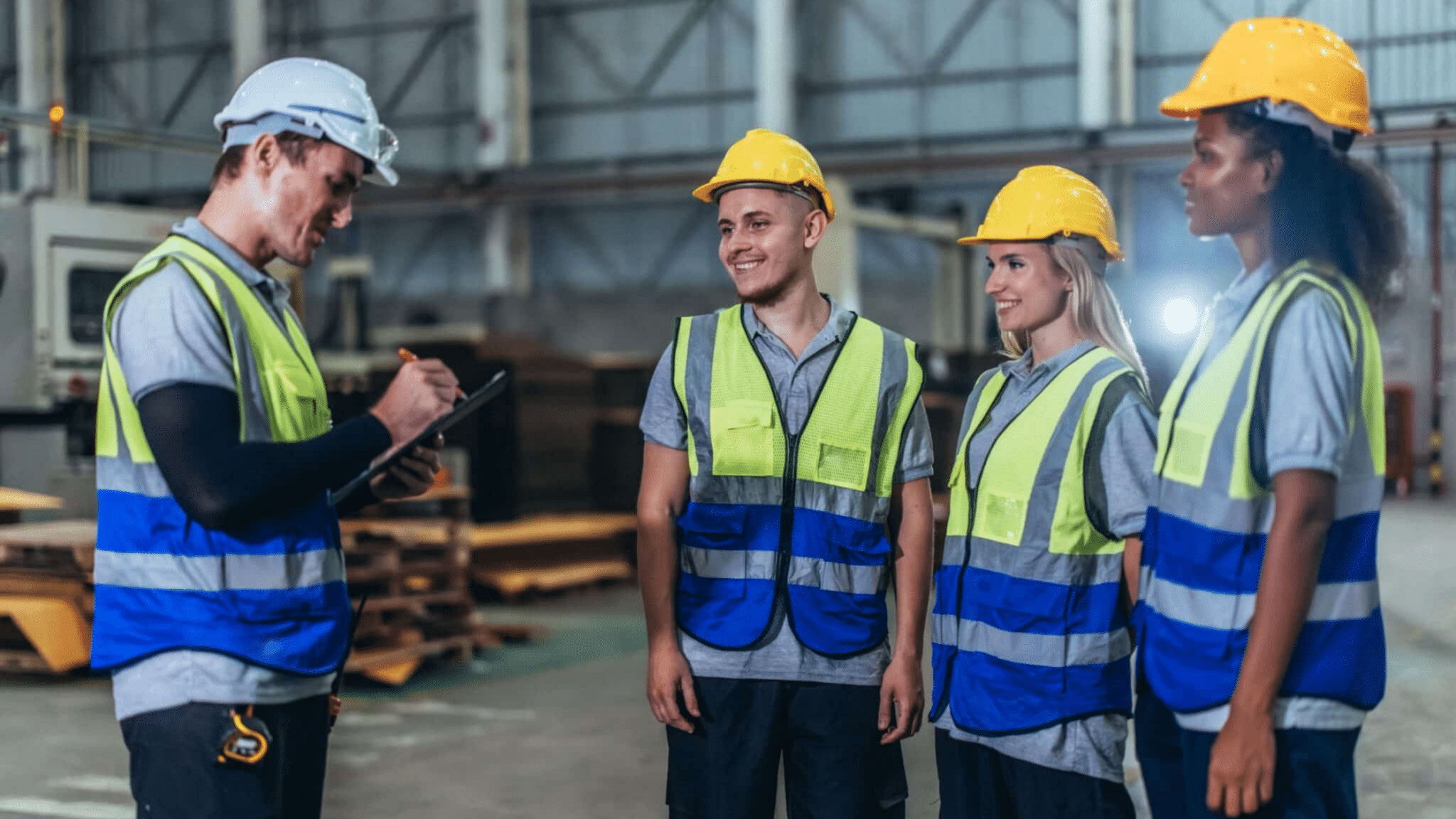 Three,employees,and,one,supervisor,with,a,checklist.,full,ppe.,drive Attendance