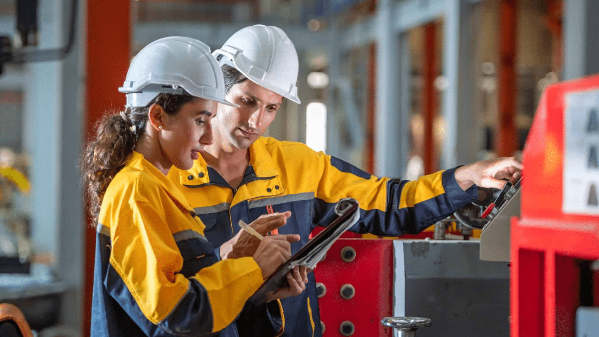 Factory,apprenticeship.,man,mentor,teaching,female,employees,trainee,operating,machine.,competencies,skills,qualifications