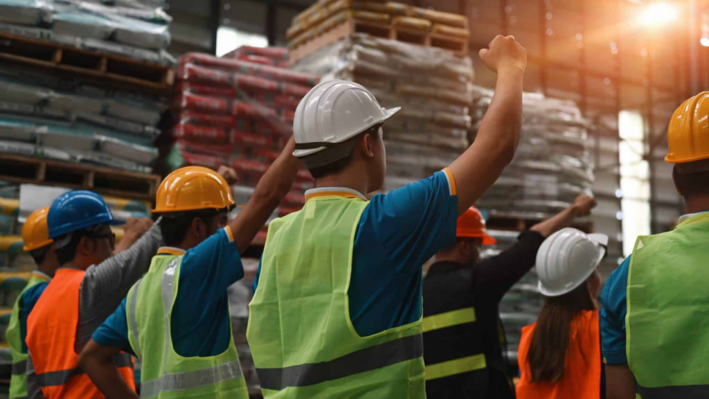 Rear,view,of,diverse,groups,of,labor,protesting,in,the,warehouse,about, Union Safety