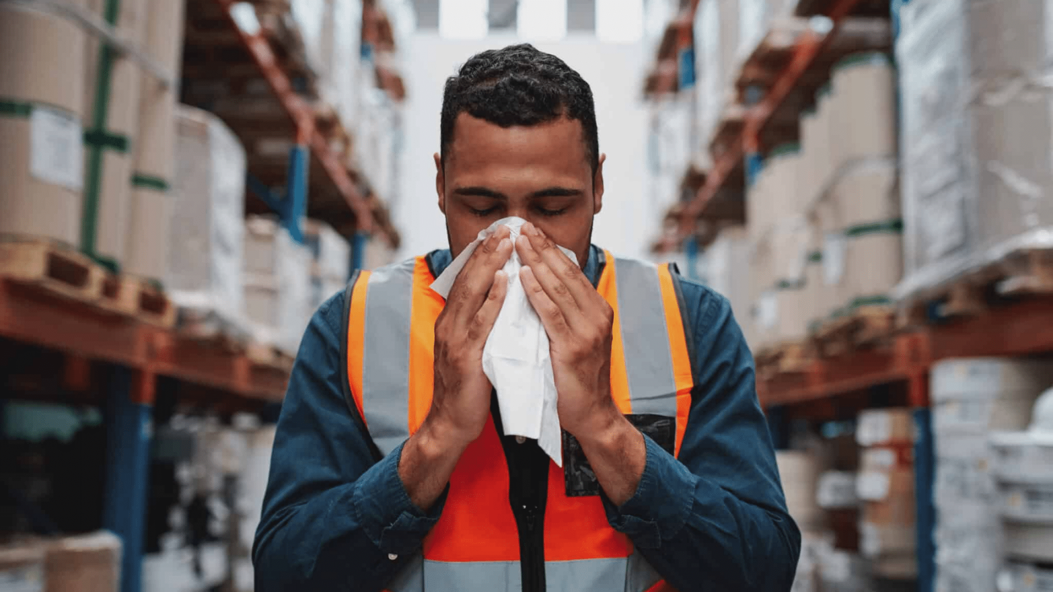 Young,sick,african,warehouse,worker,blowing,nose,while,working,wearing, Frontline Absence Management