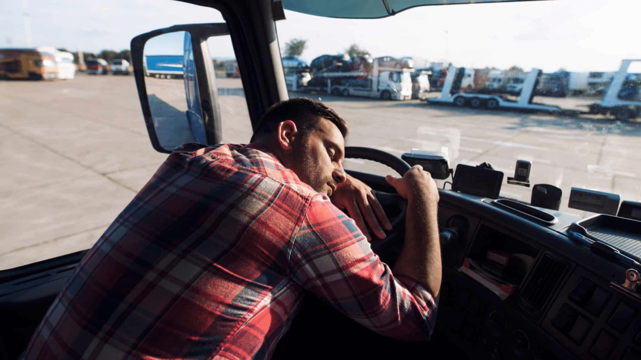 Tired,truck,driver,sleeping,in,his,cabin.,caucasian,driver,falling, Truck Driver Fatigue