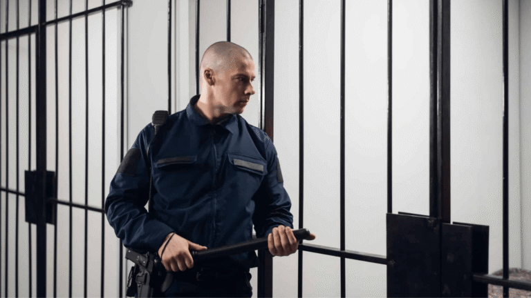 A,strict,prison,guard,in,uniform,guards,cells,with,prisoners, Correctional Officer