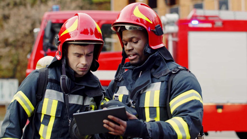 Portrait,of,two,firefighters,in,fire,fighting,operation,,fireman,in,firefighter Work Schedule