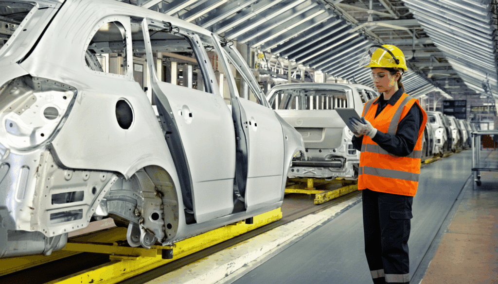 Automotive Technology In Practice; Woman Holding Ipad On Assembly Line