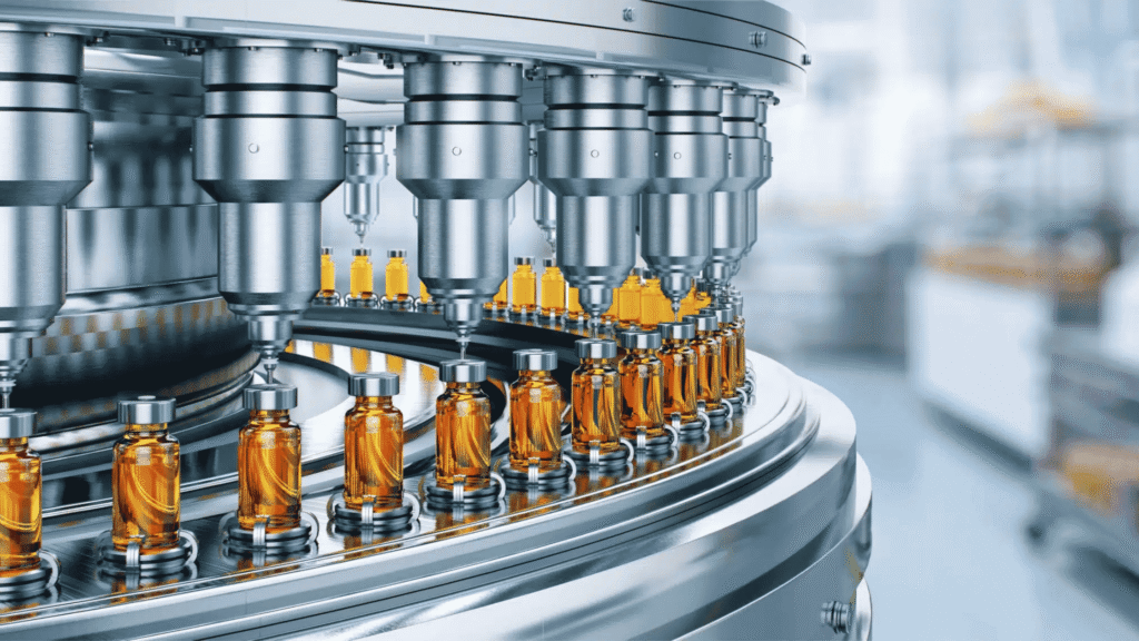 Drug,manufacturing,process.,conveyor,with,medical,ampoules,line,at,a,discrete Vs Process Manufacturing