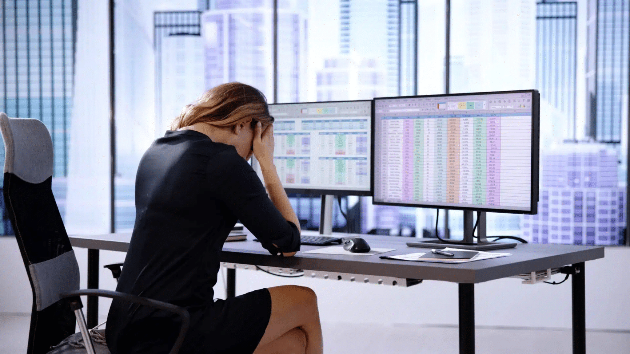 Frustrated,analyst,with,spreadsheet,data,on,screen, Frustrated Scheduler Looking At Employee Work Schedules