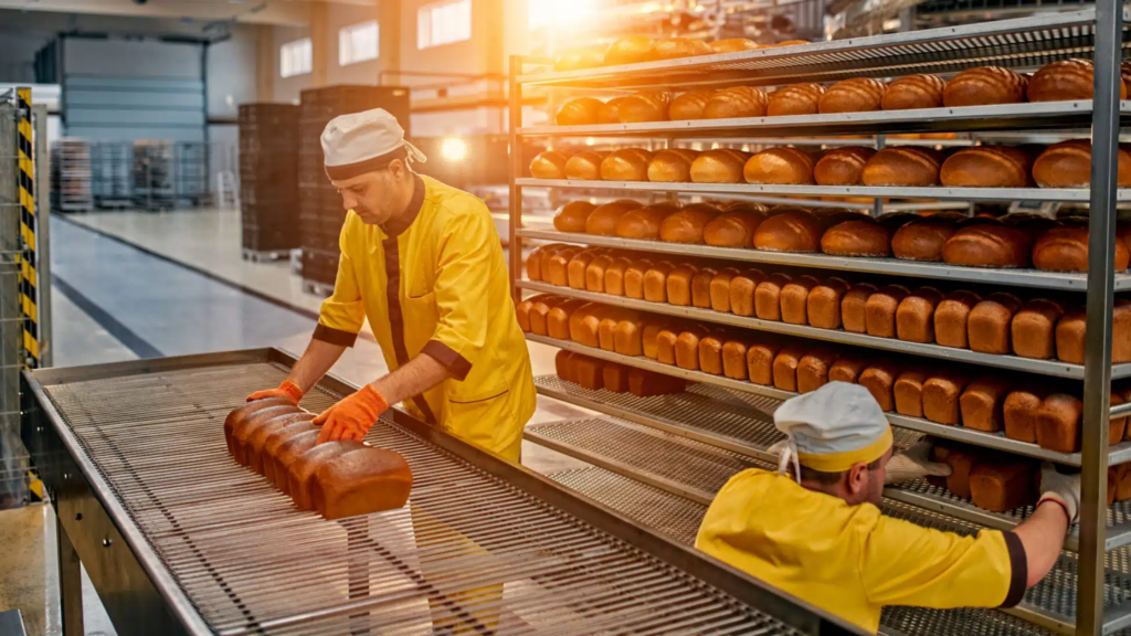 Bakers,stack,fresh,baked,bread,on,the,shelves.,automated,production,batch Manufacturing
