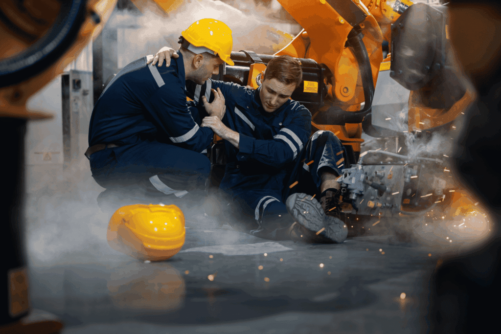Two men, one is helping the other, there has been a workplace accident