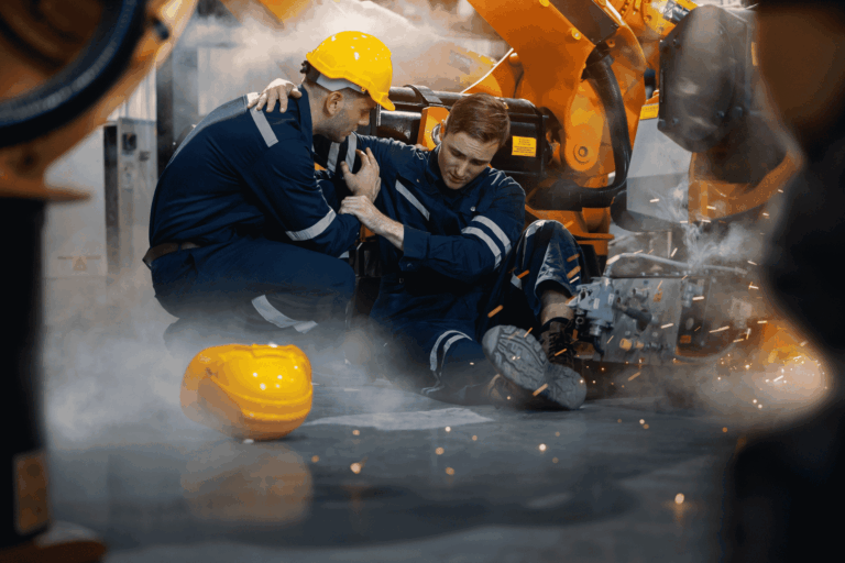 Two men, one is helping the other, there has been a workplace accident