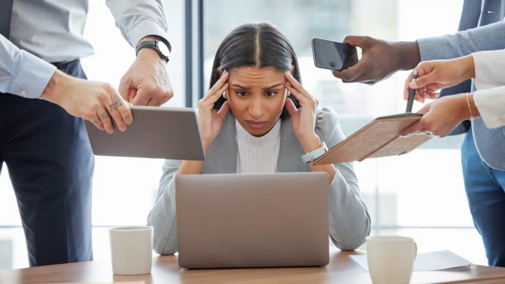 Multitasking,,stress,and,woman,overwhelmed,in,office,with,headache,,burnout,quiet Cracking