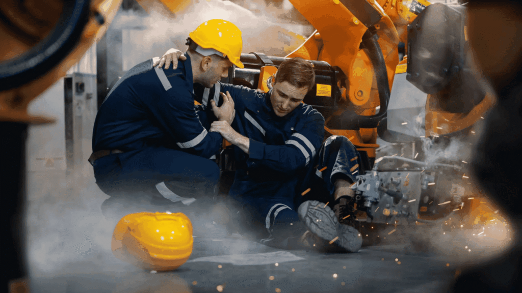 Two Men, One Is Helping The Other, There Has Been A Workplace Accident