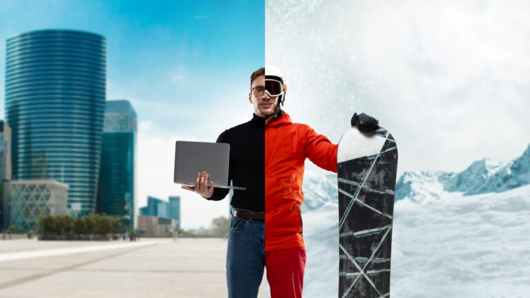 Composite,image.,man,in,turtleneck,with,laptop,on,one,side, work life balance