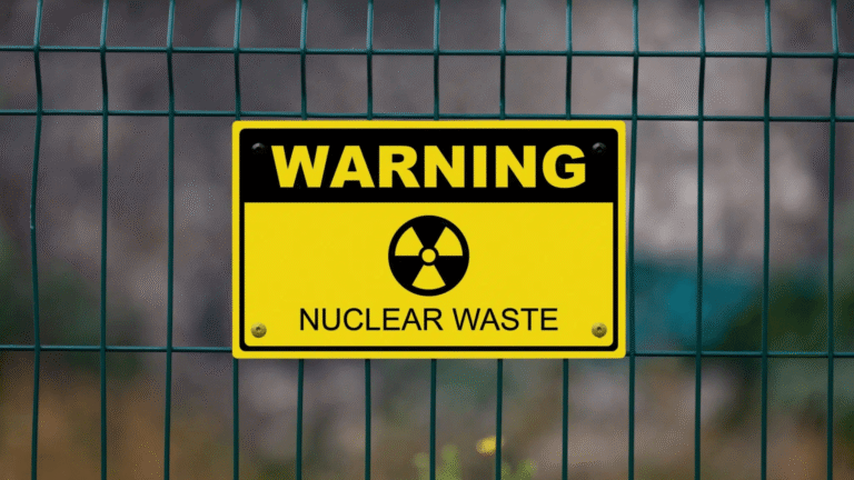 Black And Yellow Warning Nuclear Waste Sign On Fence