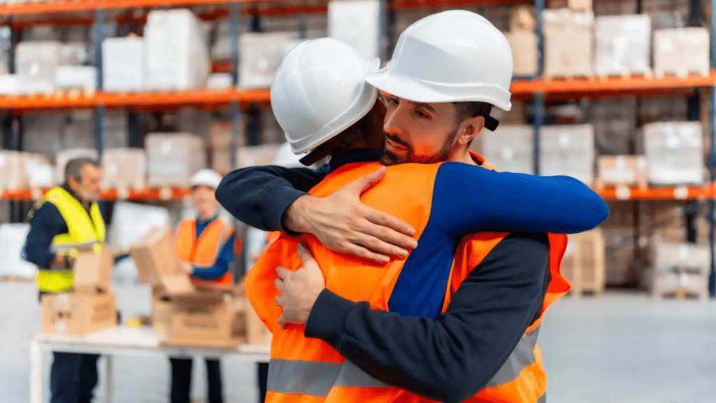 Two Blue Collar Employees Hugging Symbolizing Job Hugging