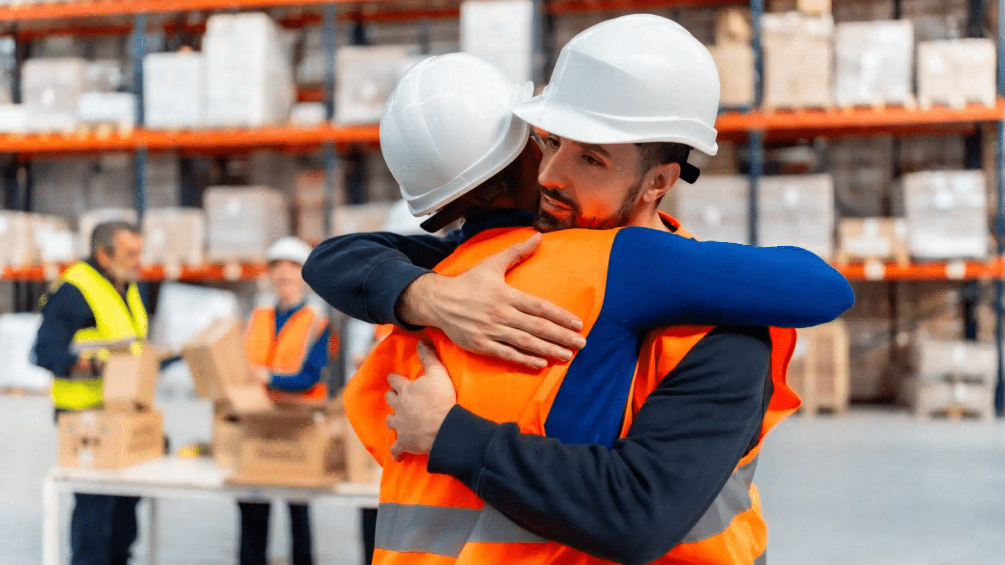 Two Blue Collar Employees Hugging Symbolizing Job Hugging