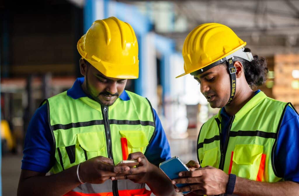 Manual,workers,working,in,warehouse,talking,about,job,,warehouse,worker, employee communication app