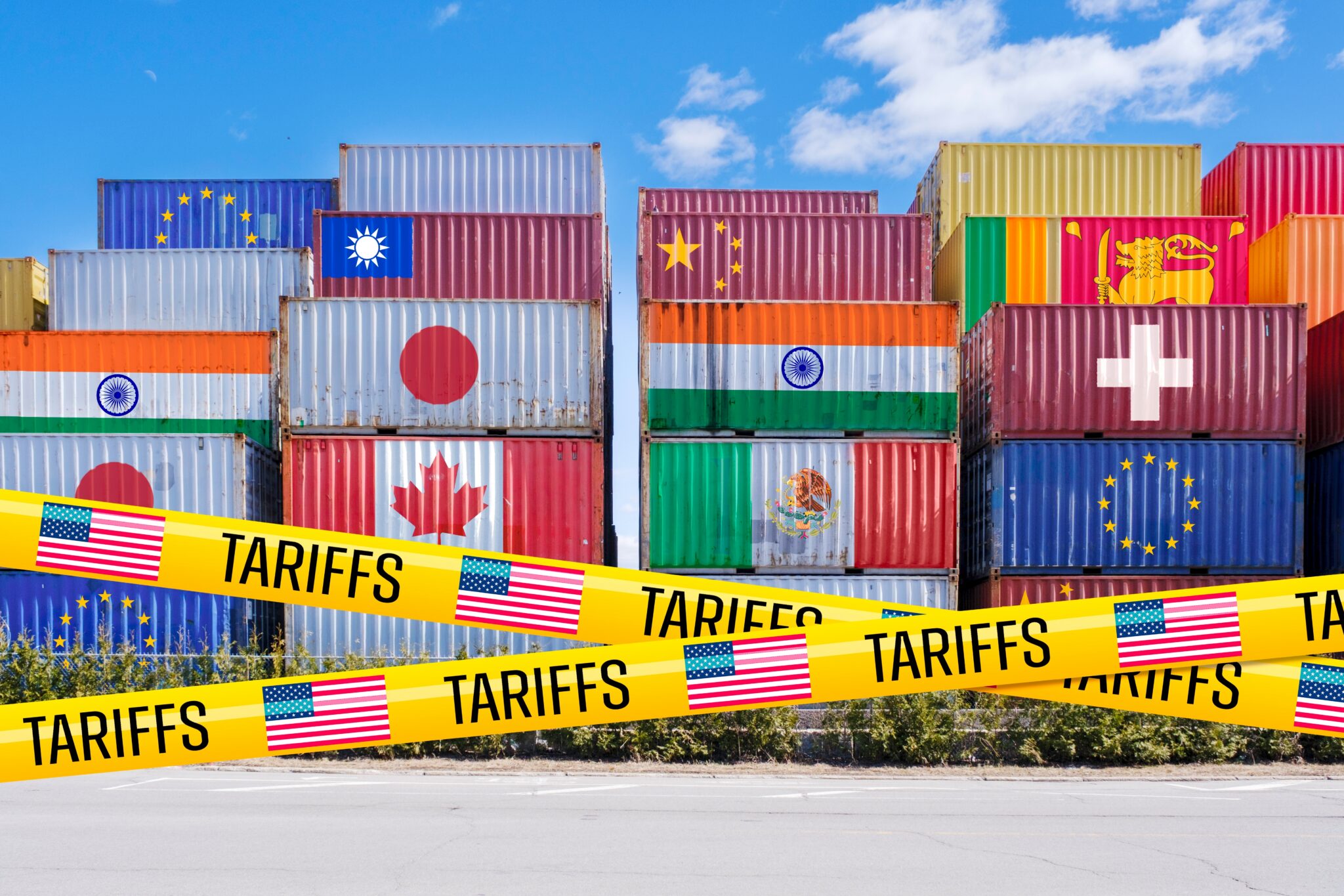 Shipping,containers,adorned,with,global,flags,,barricaded,by,us,tariffs,global tariffs