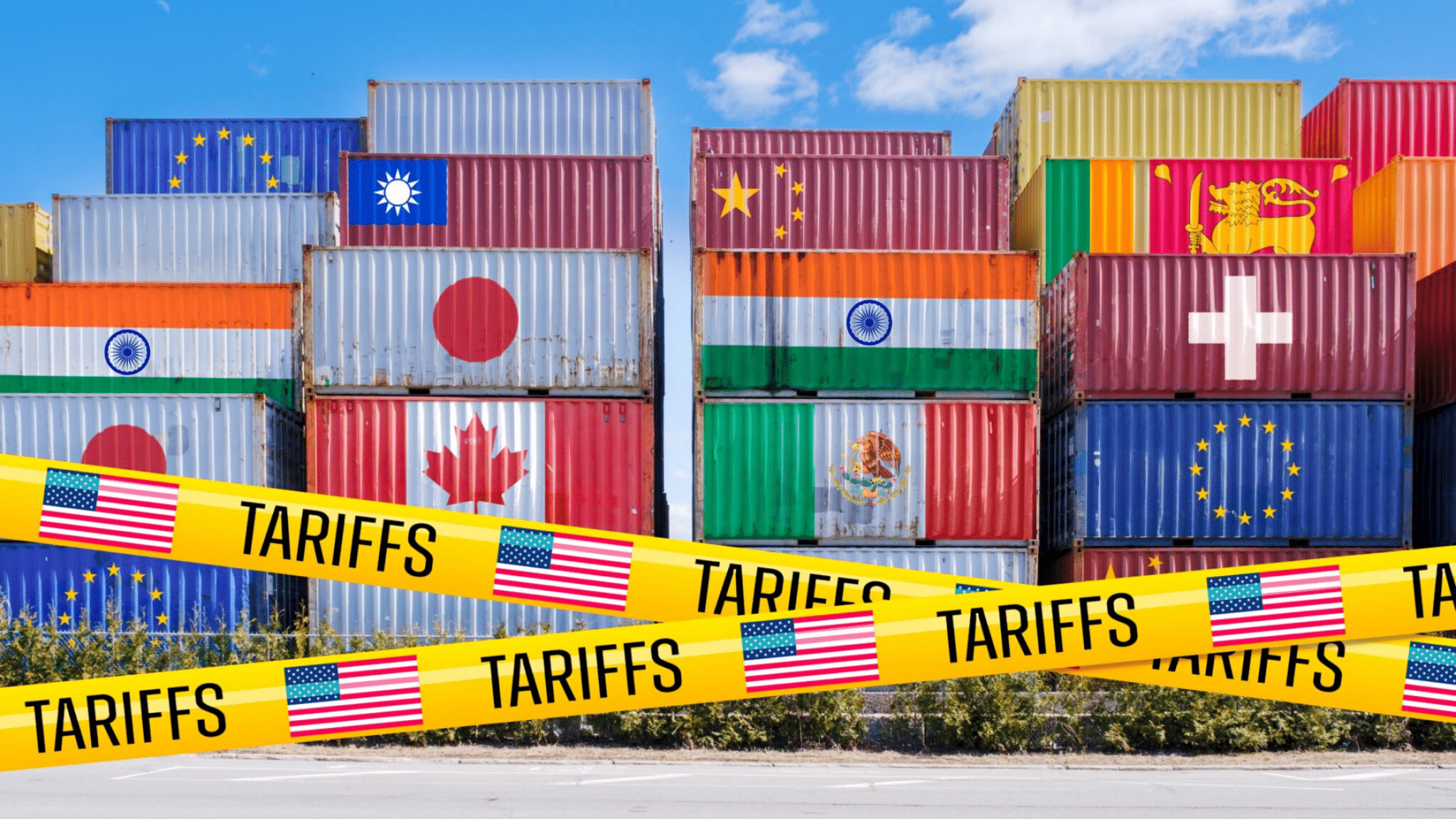 Shipping,containers,adorned,with,global,flags,,barricaded,by,us,tariffs,global Tariffs