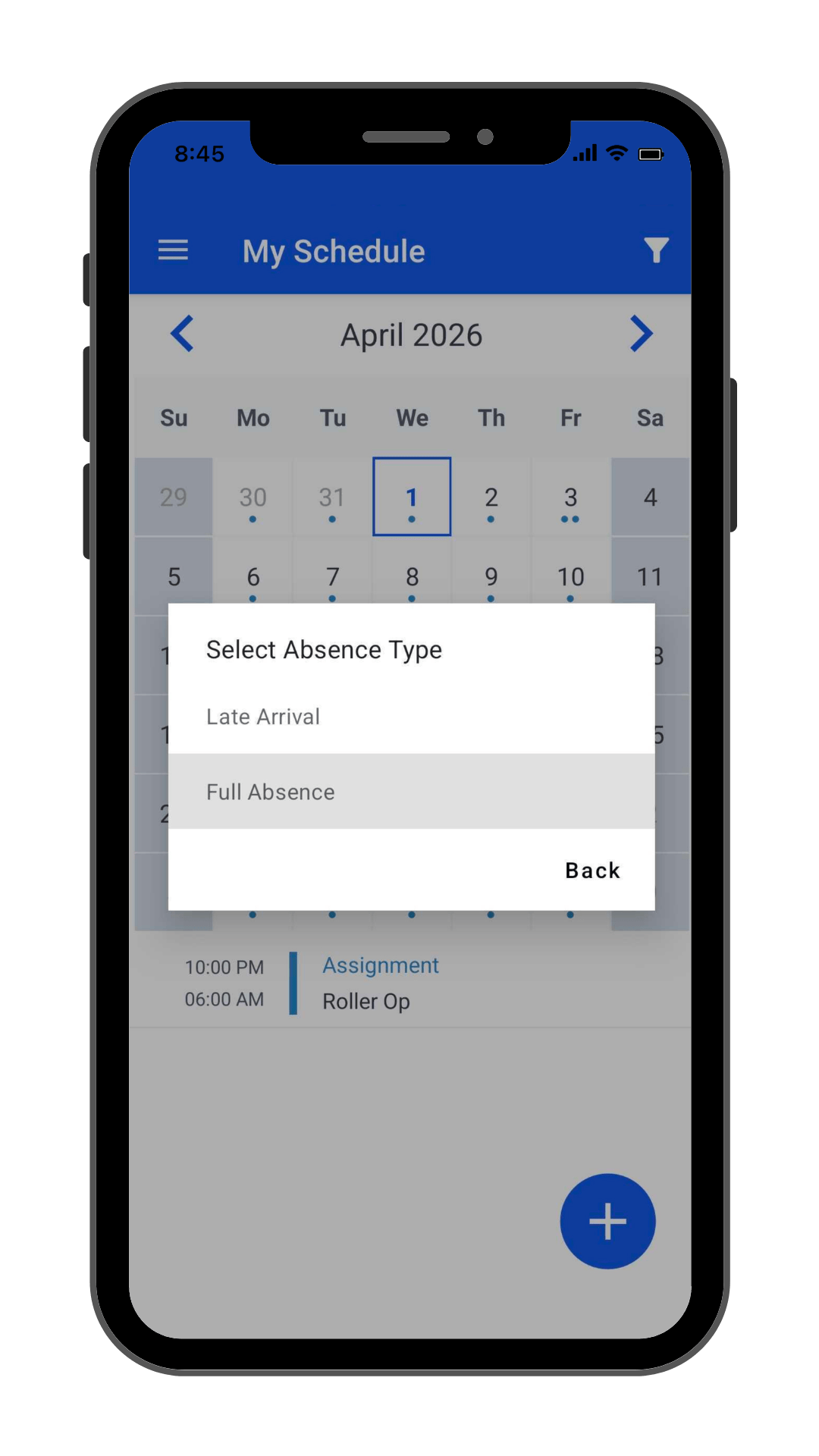 Call Off 2 Select Absence Type