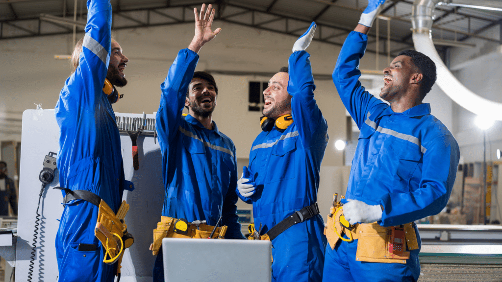 Manufacturing Employee Experience; 4 employees hands in the air