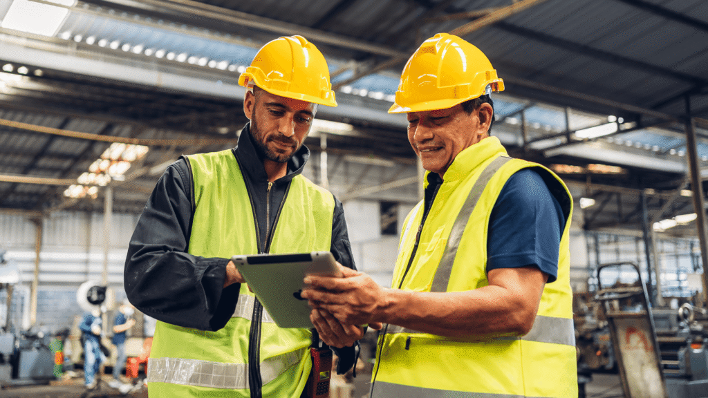 Two Workers In Protective Equipment Look Over A Tablet With Shift Scheduling Software.