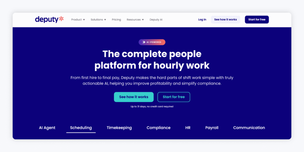 Screenshot of Deputy’s homepage.