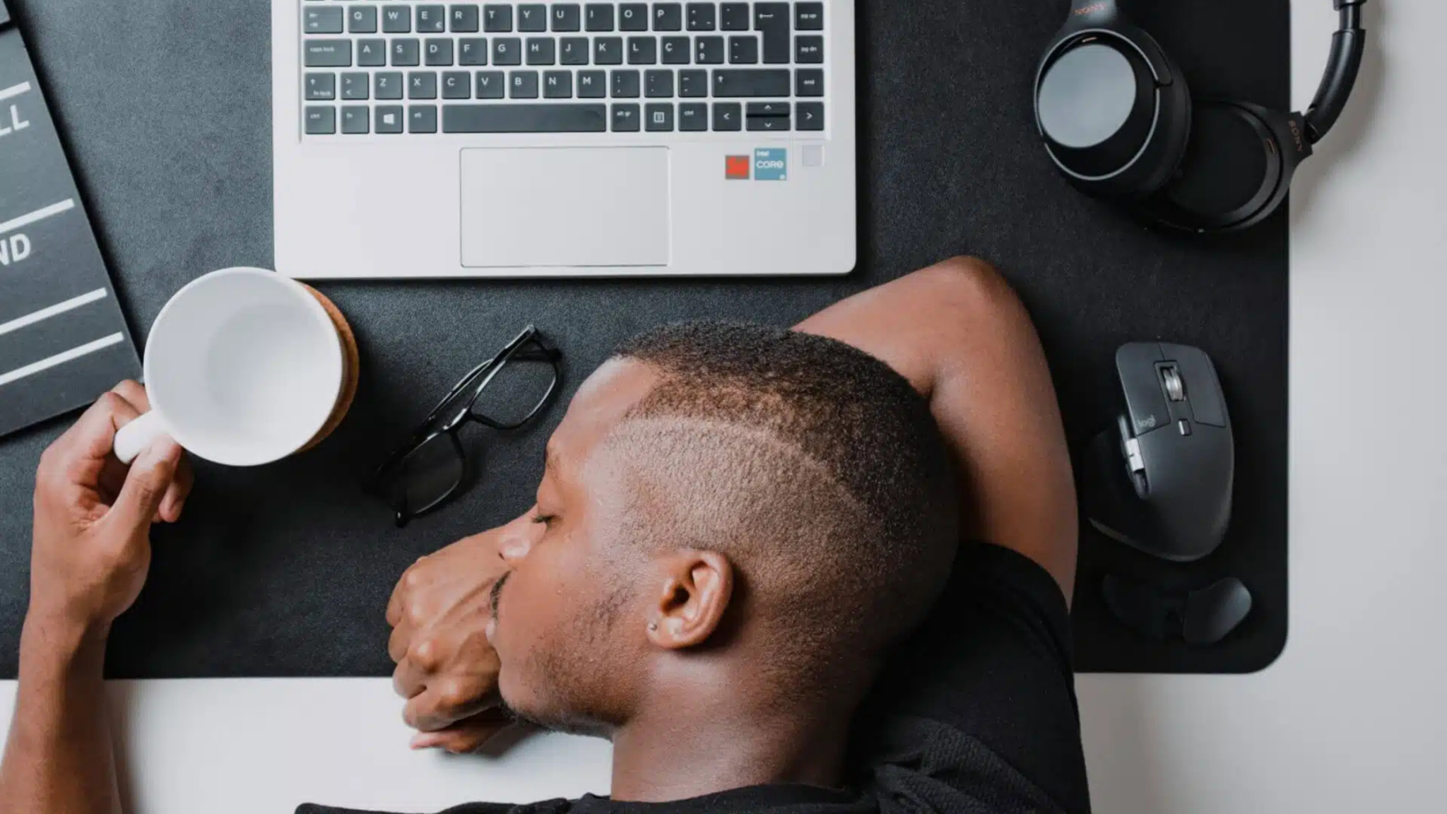 Employee Burnout, Man, Asleep, At, Laptop, With, Coffee