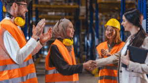 Hr, Management, And, 2, New, Hires, Shaking, Hands, In, Full, Ppe