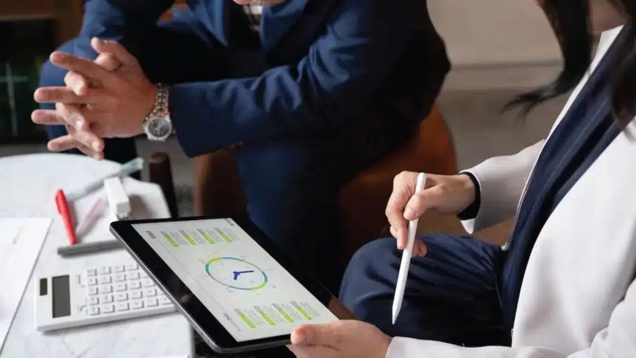 Labor Demand Planning, Executives, With, Ipad, And Calcualtor
