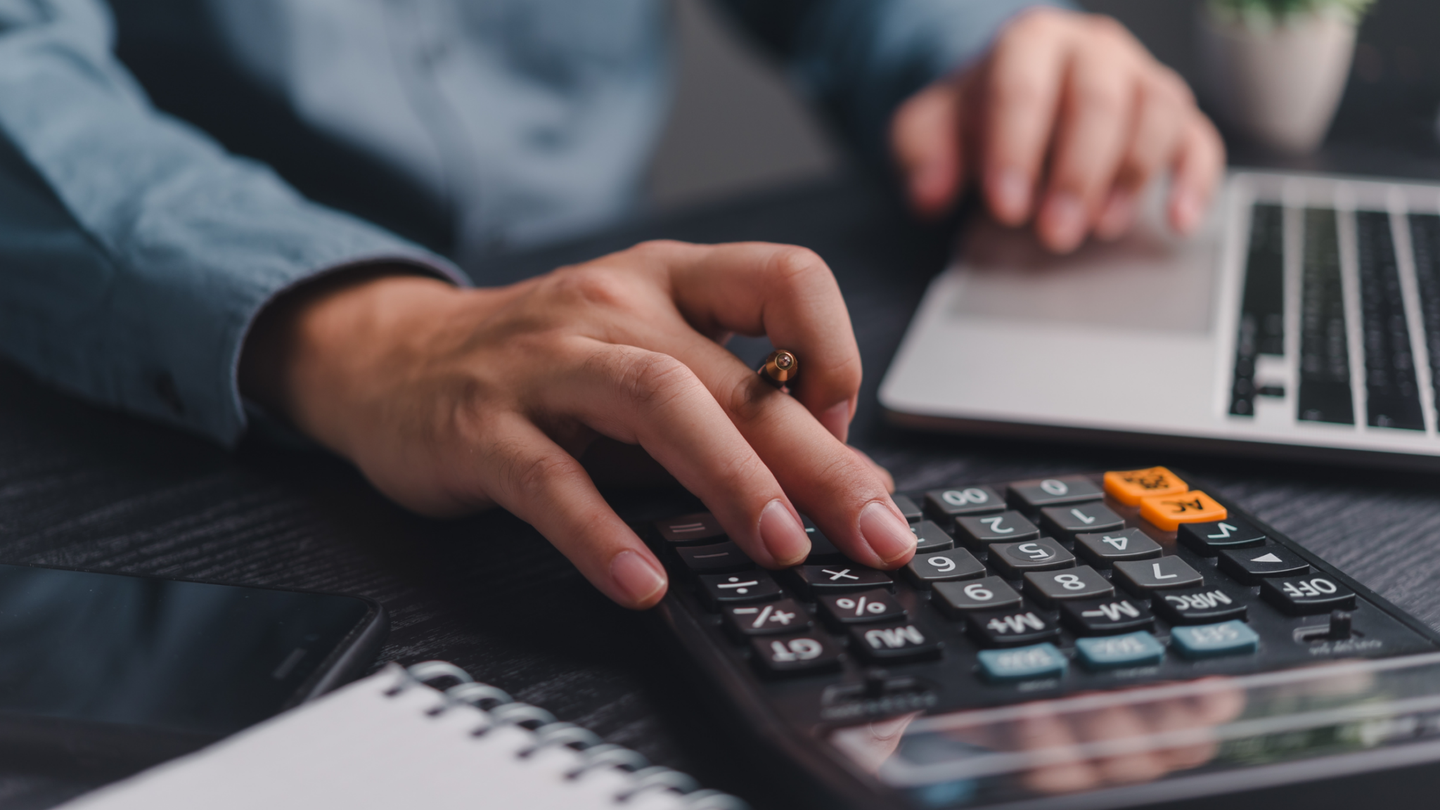 Man, Using, Laptop, And, Calculator