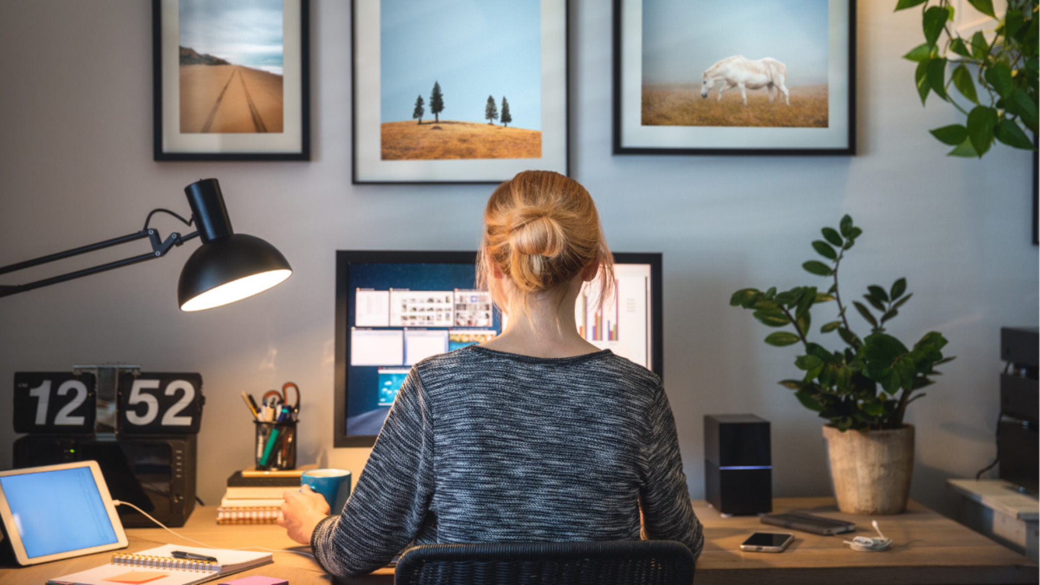 Woman, Sitting, At, Busy, Workstation, Multiple, Tabs, Open, On, Computer