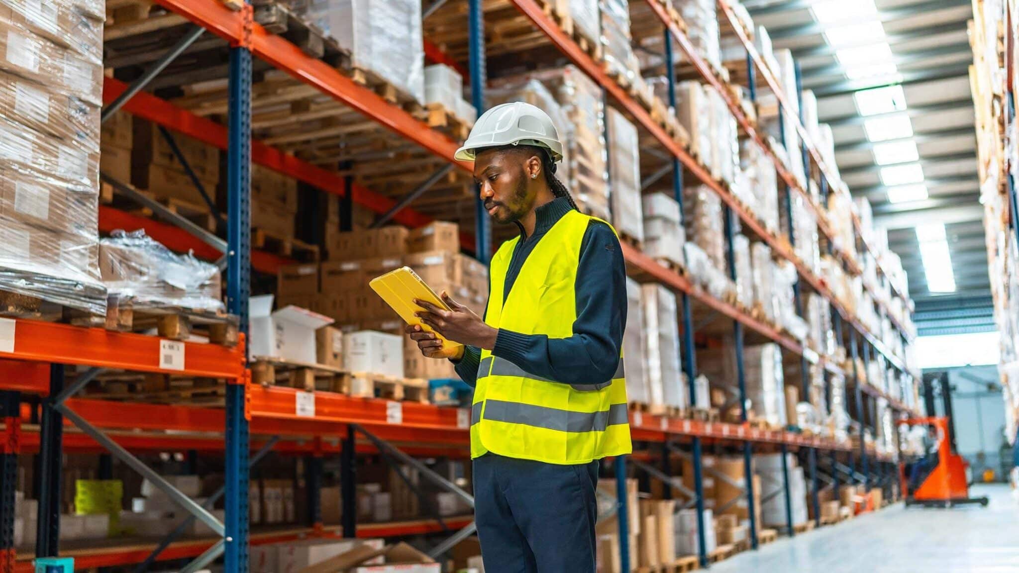 A warehouse worker checks workforce management software on a tablet.