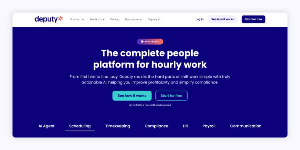 A screenshot of Deputy’s homepage.