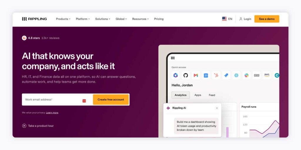 Screenshot of the Rippling homepage