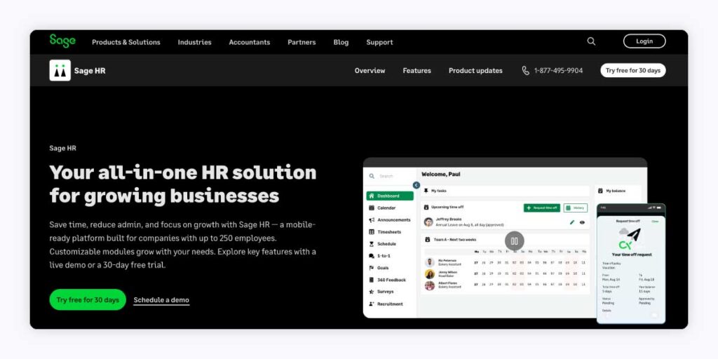 Screenshot of the Sage HR homepage