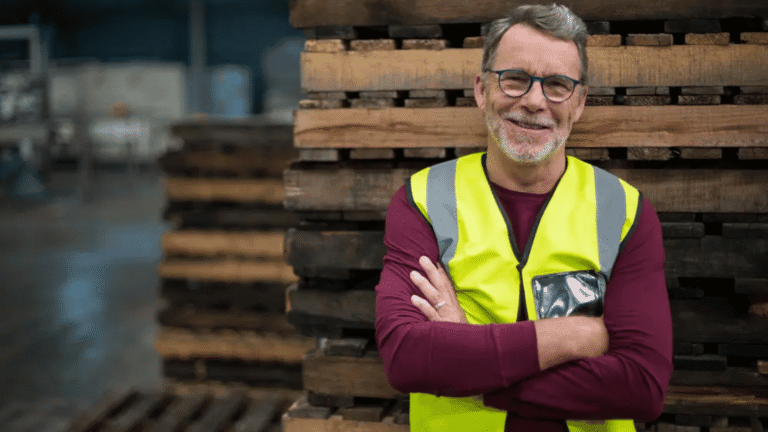 Industrial Worker Standing Next To Wooden Pallets; Job Bidding; Shift Bidding