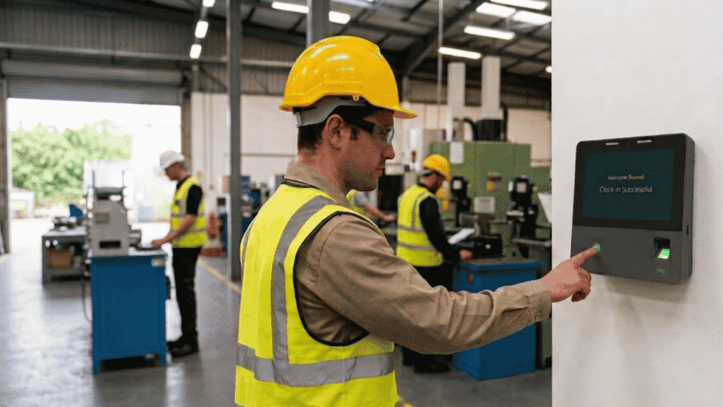 Manufacturer On Plant Floor Clocking In With A Biometric Time Clock System
