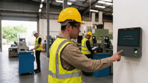 Manufacturer On Plant Floor Clocking In With A Biometric Time Clock System