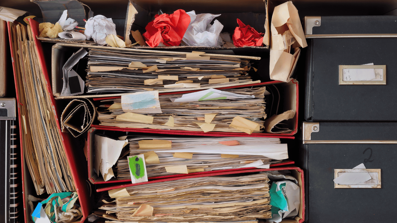 Row Of Messy File Folders,old Papers And Boxes,red Tape, Bureaucracy,aministration,business Concept, employee data management