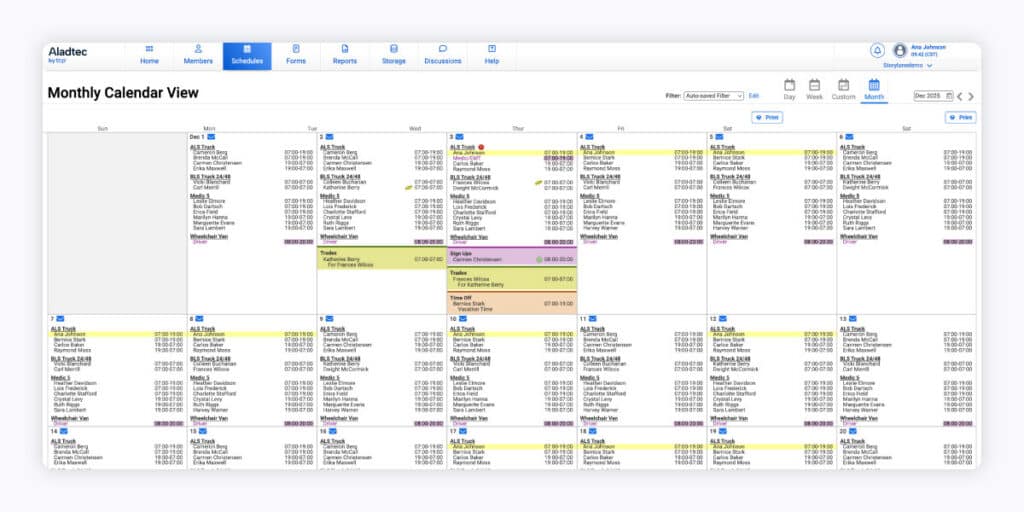 A screenshot of the Aladtec interface.