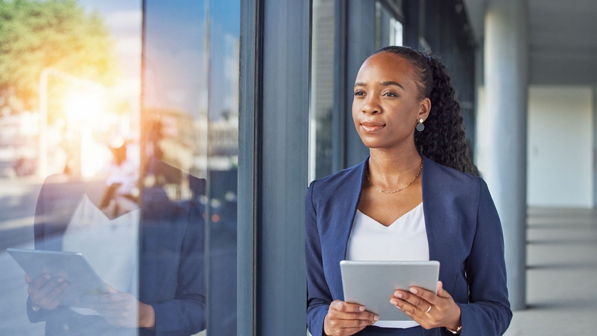 Happy Woman With Tablet, Looking At Window, Smiling, Hr Digital Transformation