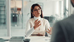 Female Hr Representative With Tech Communicating, Hr Communication